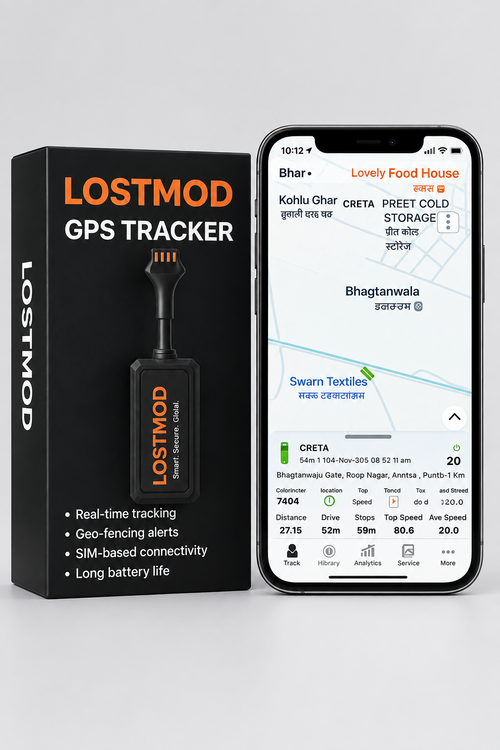 Lostmod GPS tracker packaging with smartphone displaying tracking app on a white background