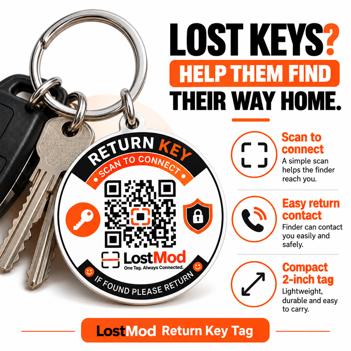 LostMod Key Chain Finder QR Code Tag | Smart Return Keychain