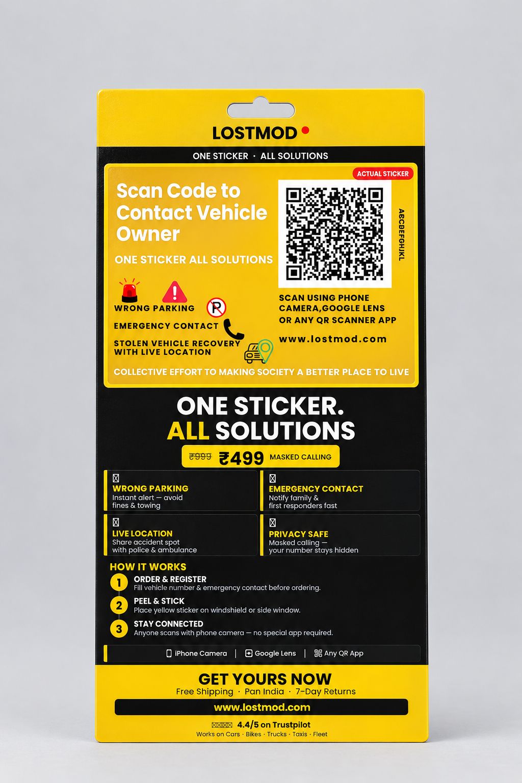 LostMod Vehicle QR Code Sticker | Smart Parking, Safety & Vehicle Recovery.