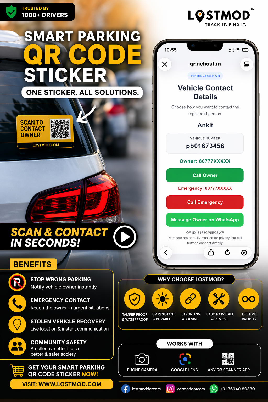 LostMod smart parking QR code sticker advertisement with smartphone app interface.