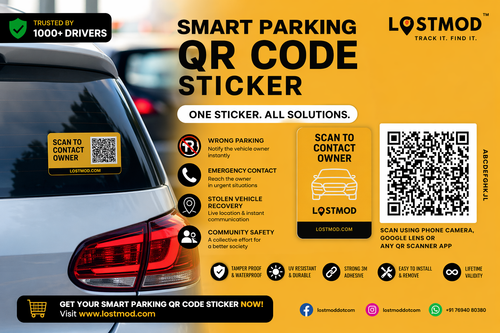 Smart parking QR code sticker advertisement with a car and QR code on a yellow background