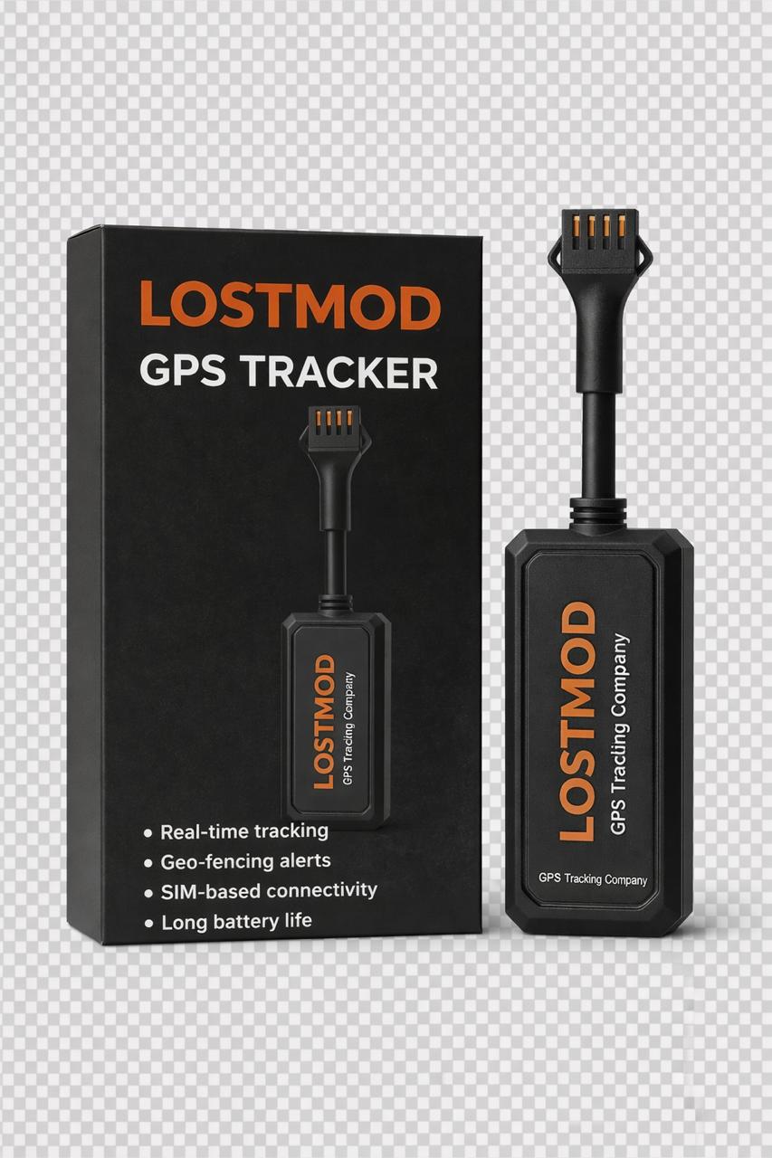 LostMod GPS Tracker device package with product box showing real-time tracking features